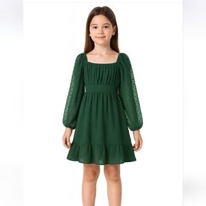 Girls Long Sleeve Midi Elegant Square Neck Casual Swiss Dot Dress Dark Green 7Y